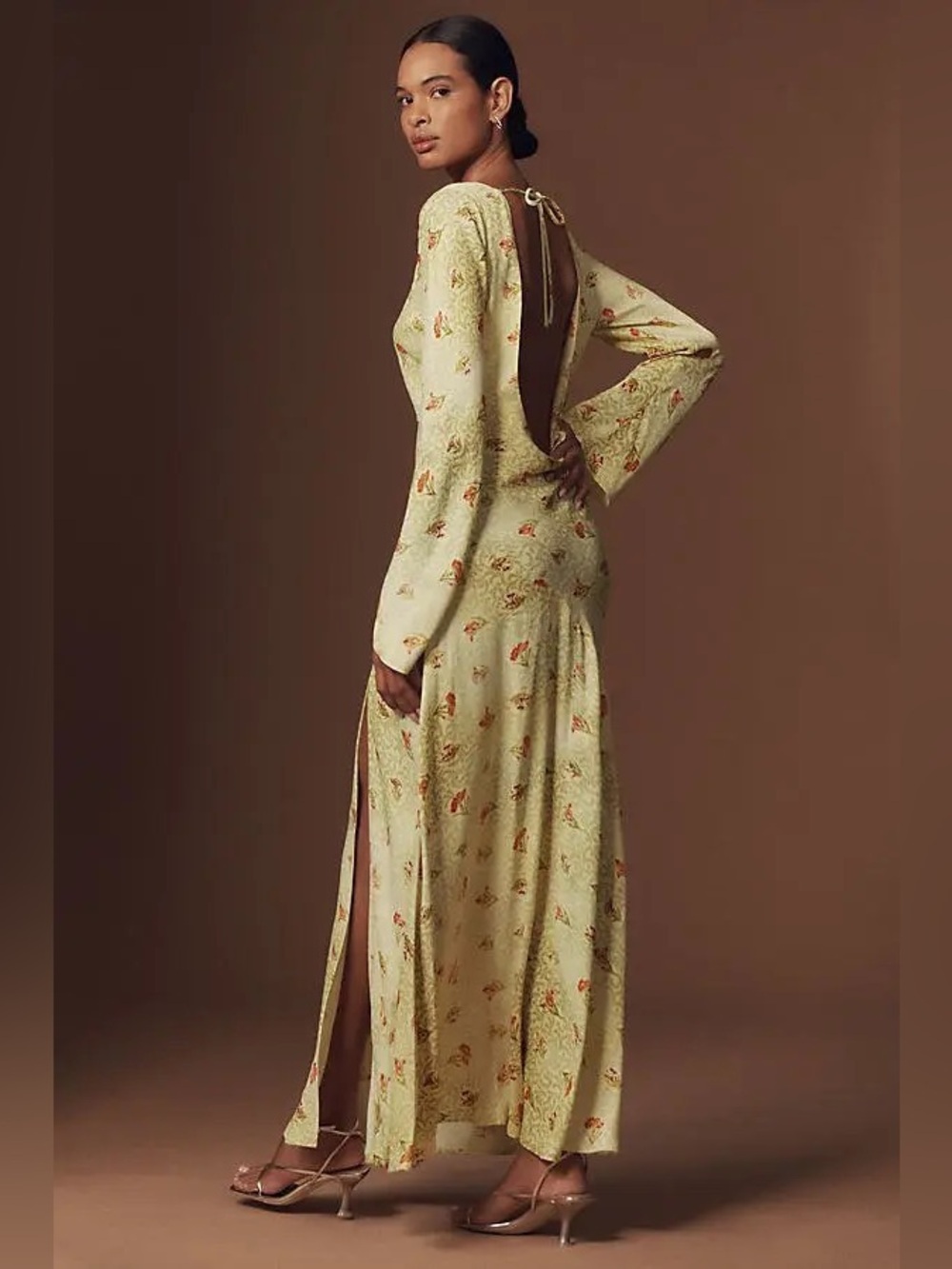 BHLDN Dani Yellow Floral Long Sleeve Dress Maxi Open Dress Small
